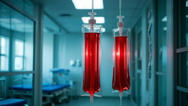 Clean plastic blood bag on IV line symbolizes donation, life-saving care and hospital systems. Suited for medical visuals and blood awareness. - Powered by Adobe