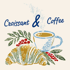 Hot coffee cups with croissants and cookies are perfect for a vintage cafe breakfast menu design