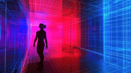 VR experience in a neon-lit corridor