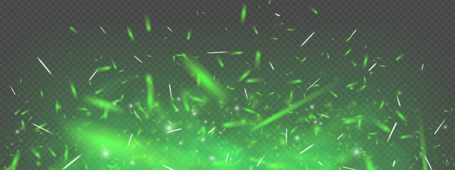 Green magic fire and glowing chaotic sparks with flame and toxic fog. Dark fantasy background with flying particles, neon glow and ember effect. Abstract festive vector texture with energy burst.