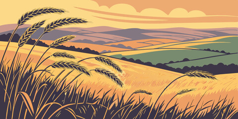Golden wheat field landscape with rolling hills and sunset sky illustration