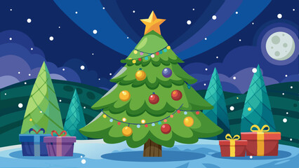 Festive christmas tree decorated with ornaments and lights under a starry night sky
