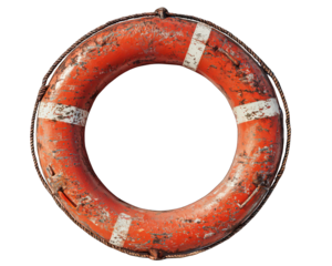 Rusty orange life preserver, circular, weathered