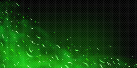 Green fire sparks with glowing embers and toxic poison mist. Magic flame effect on dark background with fog, particles, smoke and neon shine. Abstract fantasy vector with dust, heat and energy motion.
