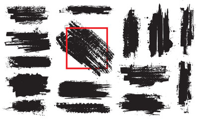 Ink stencil brush strokes and grunge lines with paint splashes drawn in a rectangular shaped composition for text, callouts. Brush strokes in dirty style with drops blots. paint stock-vector set