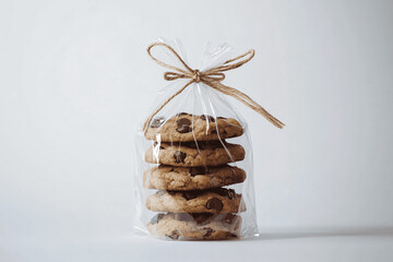 Clear cellophane bag with stacked chocolate chip cookies tied with jute bow, clean professional food mockup