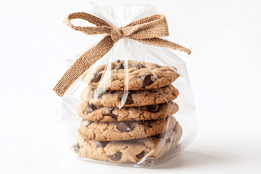 Clear cellophane bag with stacked chocolate chip cookies tied with jute bow, clean professional food mockup - Powered by Adobe