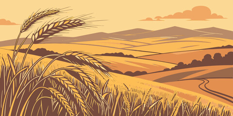 Golden wheat field landscape with rolling hills and a warm color palette