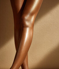 Smooth tanned legs with golden body oil on beige background	
