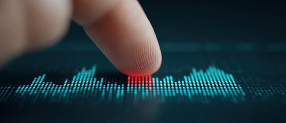 Close-up of a finger touching a digital sound wave display on a futuristic touchscreen interface with glowing blue o visualization elements