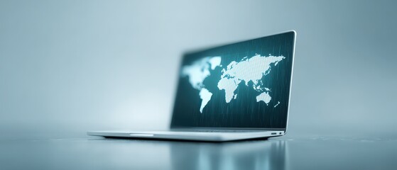Sleek modern laptop with a world map digital display on screen showcasing global connectivity and technology innovation in a minimalistic workspace setting