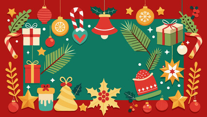 Festive christmas border with ornaments gifts and pine branches