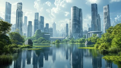 Naklejka premium Futuristic cityscape by a tranquil lake