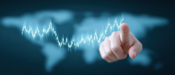 Businesswoman pointing at digital finance chart overlay with world map background illustrating global investment and stock market trends in high technology finance