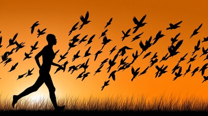Silhouette of a woman running with a flock of birds flying against an orange sunset sky