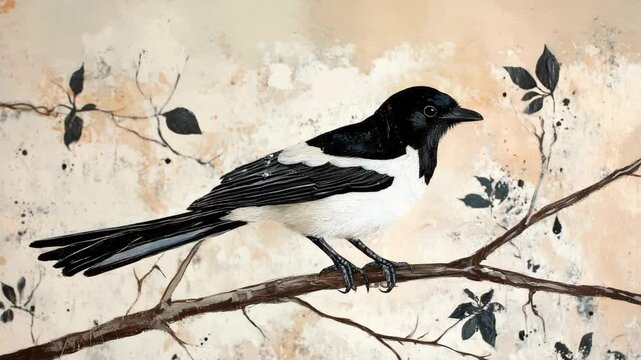 A painting of a black and white bird perched on a branch