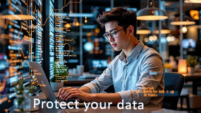 Young Male Professional Working on Laptop in Modern Office with Data Security Graphics on Screen and Thoughtful Expression