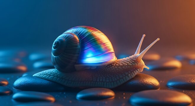 Iridescent Snail on Smooth Stones with Neon Lighting