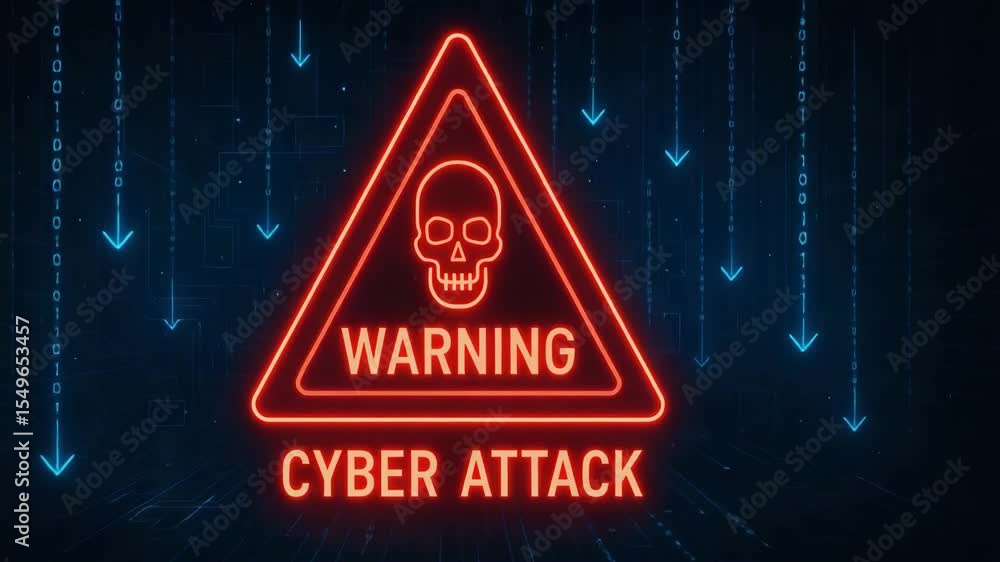 Poster a striking graphic of a warning sign indicating a cyber attack. the neon skull and bold text create 