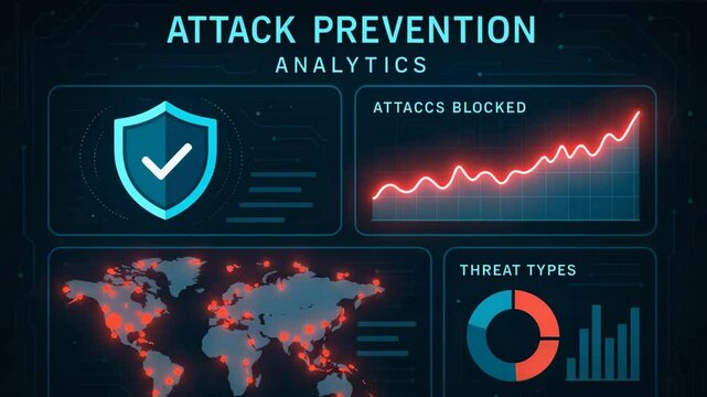 A digital illustration showcasing attack prevention analytics, featuring a shield icon, graphs of blocked attacks, and a world map highlighting threat types and security data.