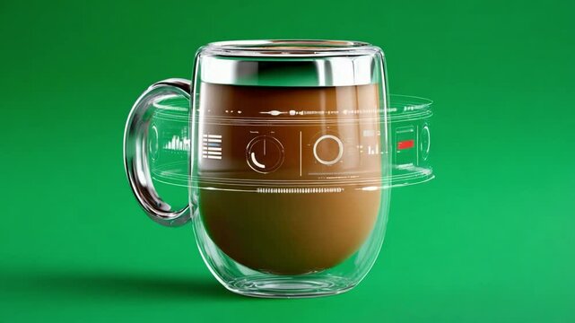 Coffee Cup With Futuristic Display: A stylish transparent coffee cup displays futuristic technology and data while full of coffee on a green table in a modern presentation.