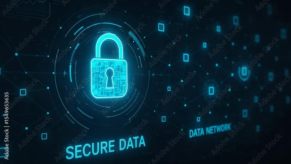 Poster this digital illustration showcases a secure data network with a glowing padlock symbol, emphasizing