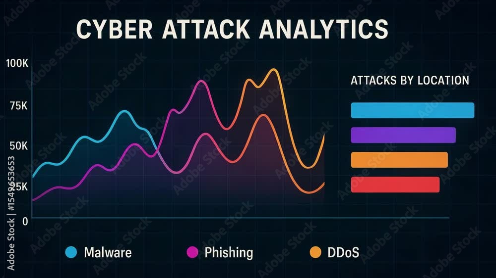 Poster this image illustrates cyber attack analytics with detailed graphs showing malware, phishing, and dd
