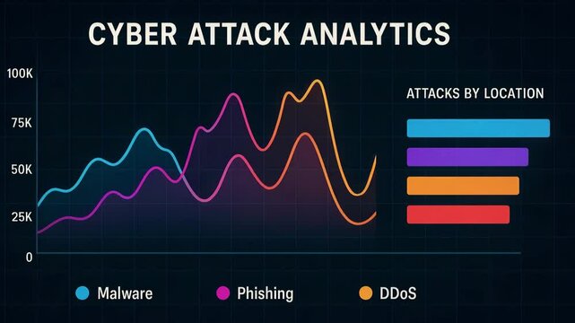 This image illustrates cyber attack analytics with detailed graphs showing malware, phishing, and DDoS trends over time, showcasing the evolution of digital threats.