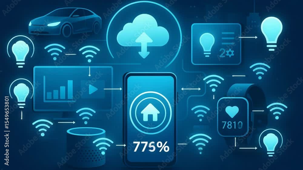 Poster this illustration showcases interconnected smart devices, including a smartphone and various iot app
