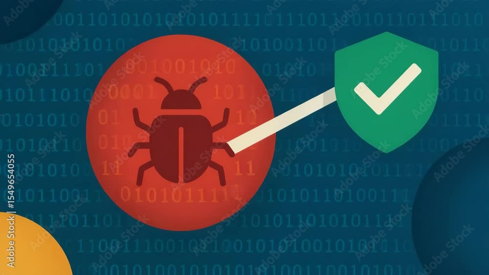 Poster an illustration depicting the concept of cybersecurity, featuring a bug symbol connected to a shield