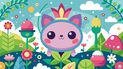 Fototapeta premium Cute kawaii cat character wearing a crown in a whimsical enchanted garden
