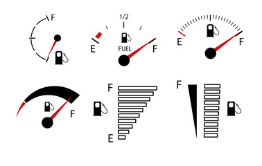 Vehicle fuel. Simple digital indicator of vehicle fuel. Full and empty icons of gas and fuel meters, fuel pump. Vector