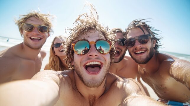A joyful group of friends enjoying a fun day at the beach, capturing the perfect selfie with bright sunlight and clear skies showcasing their happiness and carefree spirit.
