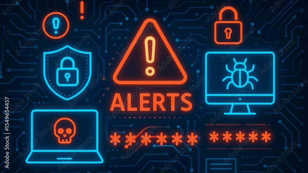 Aufkleber a vibrant illustration representing cybersecurity, featuring icons like alerts, computer security, a