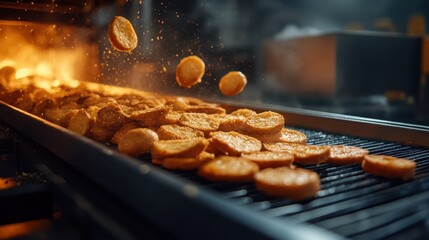 An appetizing display of crispy, golden nuggets freshly frying on a grill, with oil splashes flying around, conveying the sizzling excitement and flavor of outdoor cooking.