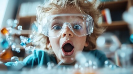 A young child wearing safety goggles looks on in amazement at a bubbling experiment, capturing the joy of discovery and the excitement of learning in a playful atmosphere.