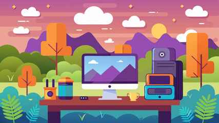 Obraz premium Flat design desktop computer setup with nature landscape background at sunset