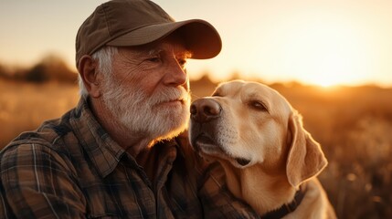 An elderly man shares a touching moment with his loyal dog during sunset, highlighting the bond between humans and animals and the joy that companionship brings to life.