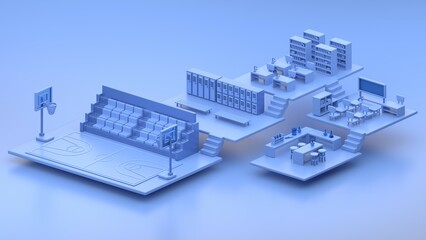 Isometric Illustration of a School Building with Sports Facilities and Classrooms
