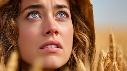 Close-up of a young woman with blue eyes and wavy hair looking upward outdoors