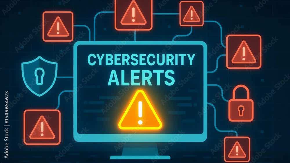 Poster a digital illustration of a computer screen displaying cybersecurity alerts, highlighting the import