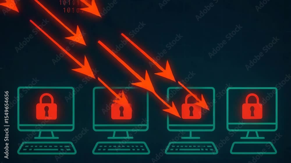 Poster a digital illustration depicting cybersecurity threats with red arrows targeting locked computers, s