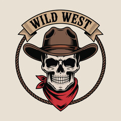 Cowboy Skull Wearing Western Hat and Bandana – Vintage Emblem Vector Illustration

