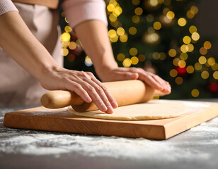 Baker uses equipment to flatten dough with pin on board covered in flour for baking bread bun in bakery.meal preparation dough rolling board