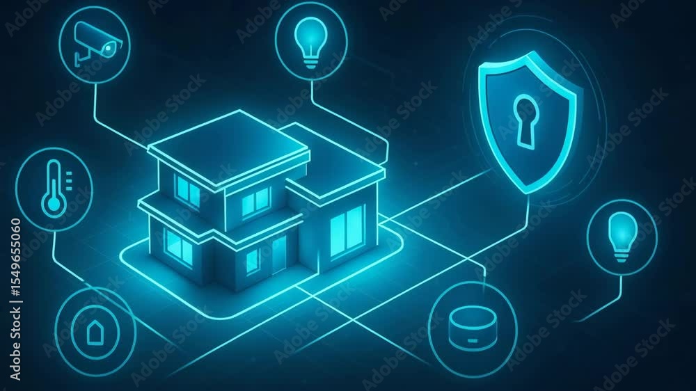 Poster a futuristic home with smart technology, featuring icons for security, lighting, and temperature con