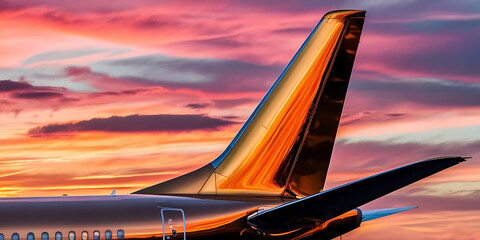 Close up of jet tail against colorful evening sky

