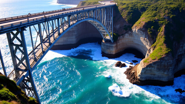 A coastal bridge spans a rocky gorge, with people walking on it, turquoise ocean waves, and green hills in the background.
