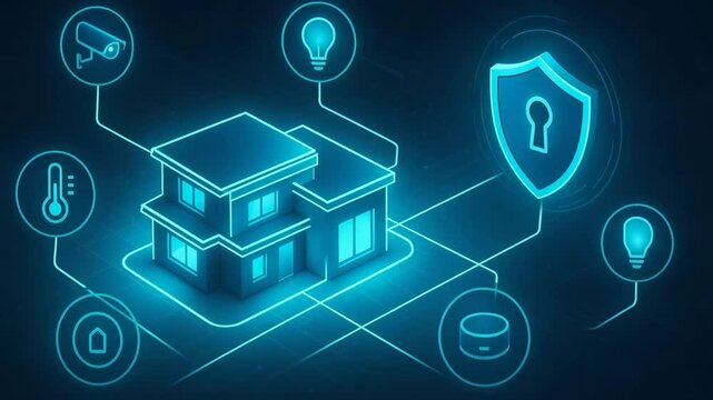 A futuristic home with smart technology, featuring icons for security, lighting, and temperature control. This image illustrates advanced home automation and connectivity.