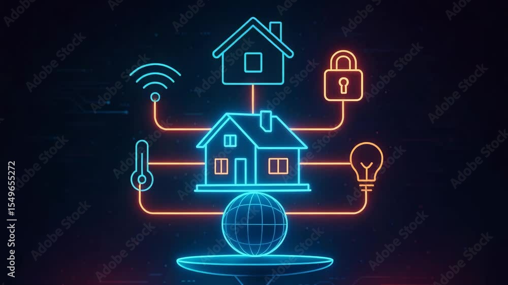 Poster illuminated icons representing smart home technology. features include security, temperature control