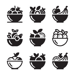 Fruit Bowl Icon Set Collection. Assorted Fruit Bowls, Flat Icon Set

